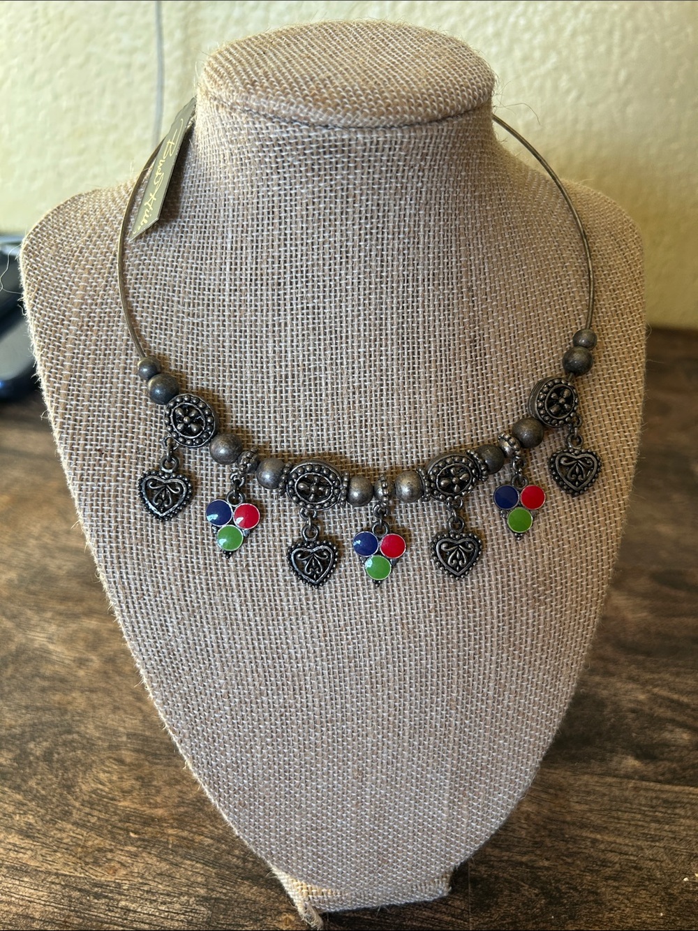 Antique Silver-Tone Heart Bib Necklace with Multicolor Enamel Accents